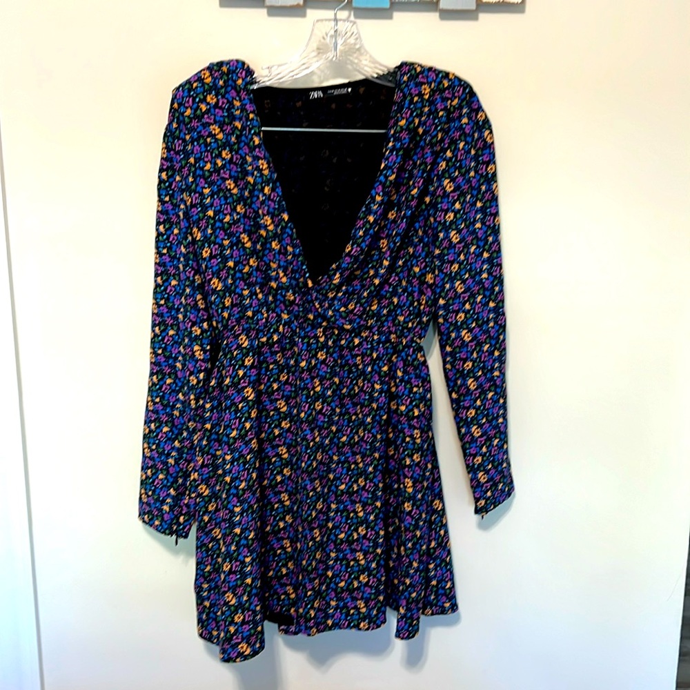 Zara Women’s Blue Floral Flowy Wrap Style Mini Dress / Size M / Multi-Colored
